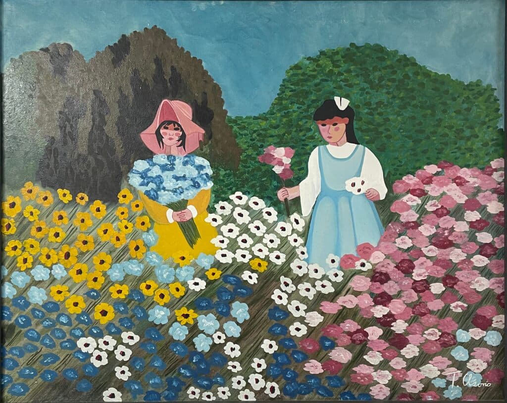 Mujeres en Campo de Flores de Trinidad Osorio - Oil on canvas, 1970s-1980s