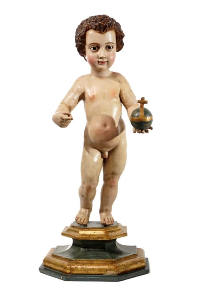 Salvatori Mundi de Spanish School - Hand carved polychromed wood, 18th Century