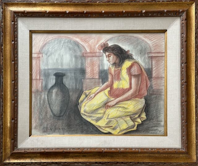 Sitting Girl with Black Vase de Raúl Anguiano