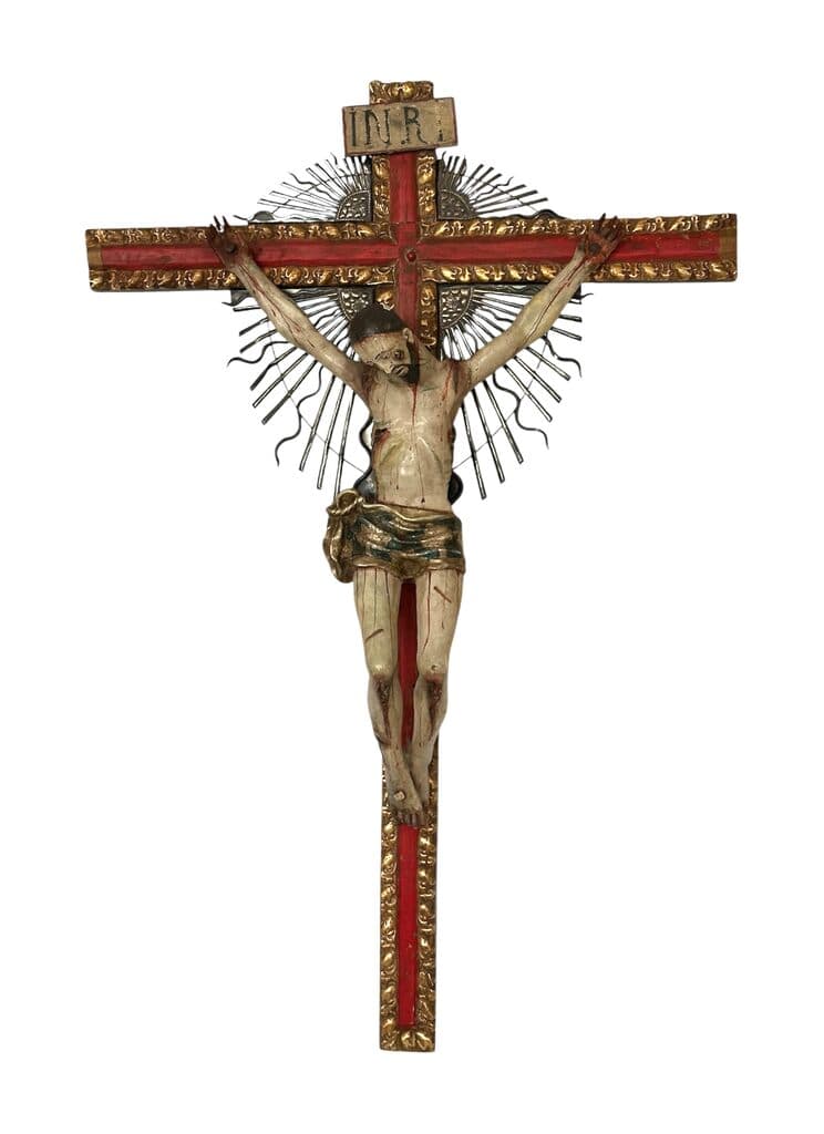 Mexican Spanish Colonial Crucifix de Unknown Artist - Polychromed wood, 18th Century
