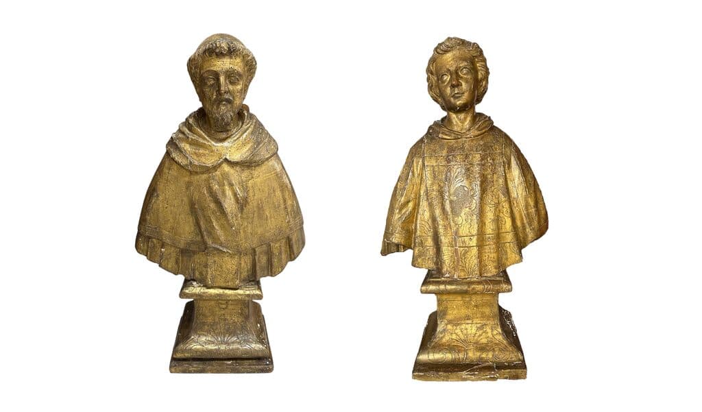 Par de figuras religiosas italianas de Unknown Artist - Polychrome wood, 17th Century