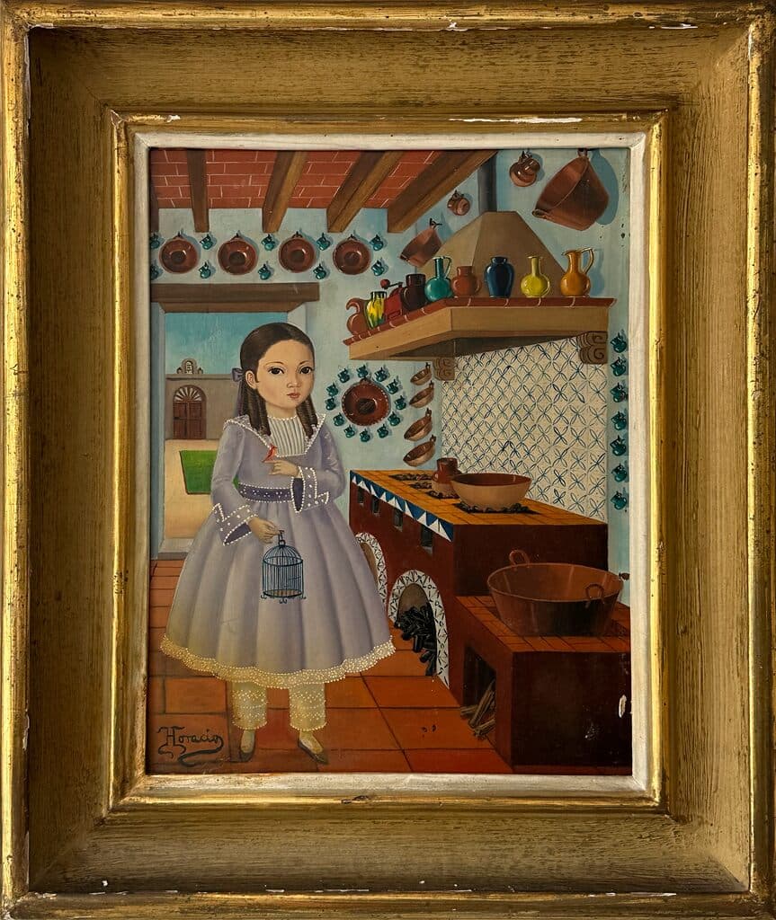 Niña en Cocina Mexicana de Horacio Rentería Rocha - Oil on board, 1930s-1940s