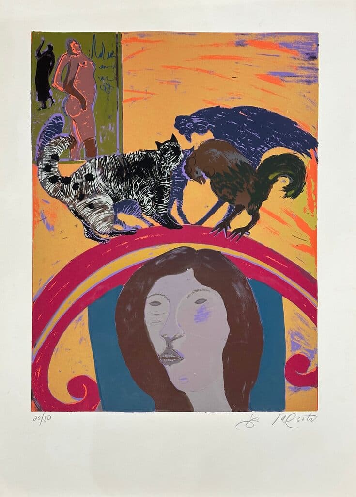 Mujer, Gato y Gallinas de Luis Valsoto - Silkscreen