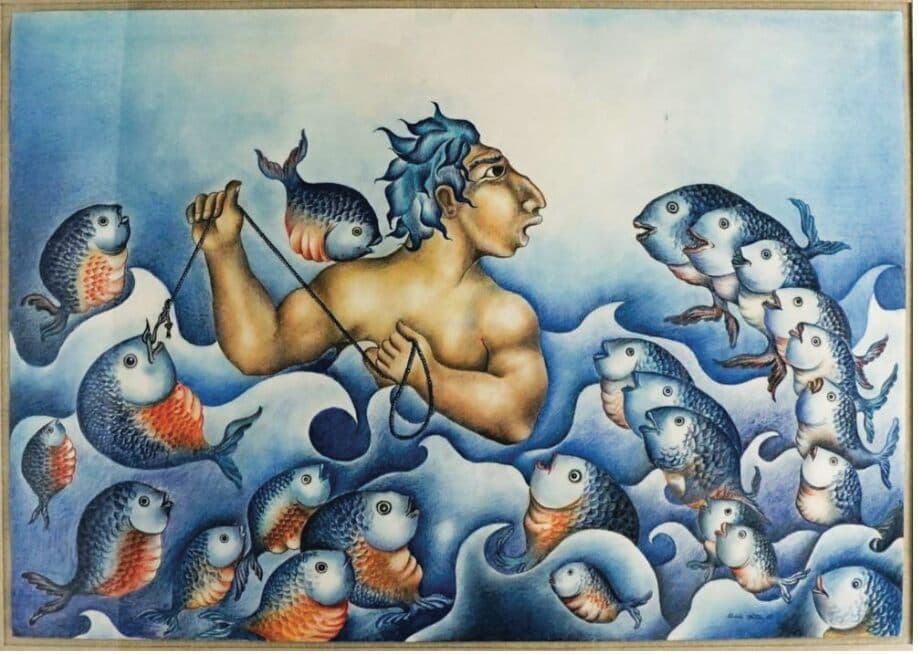 El Pescador de Tomás Pineda Matus - Prismacolor on paper, 1989