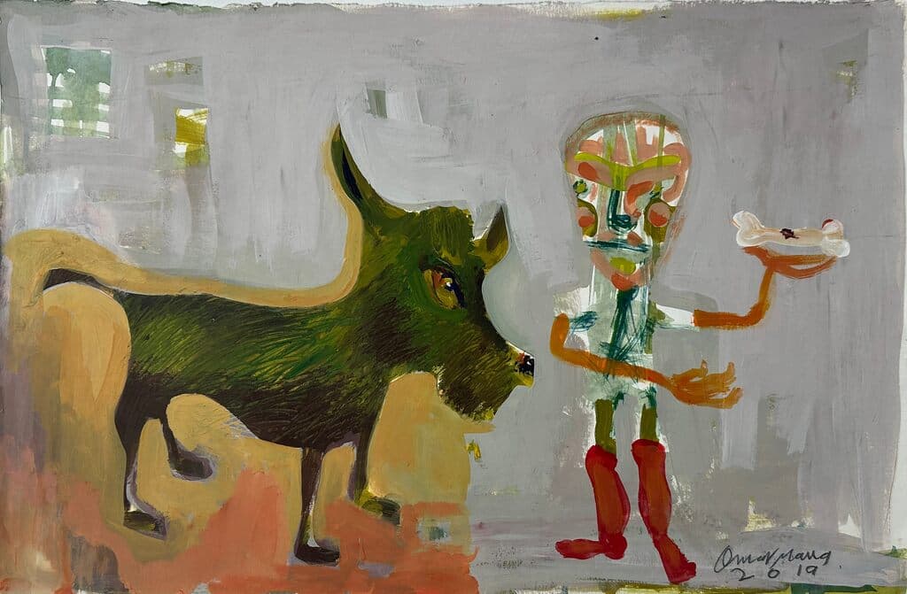Alimentando al perro de Omar Nava - Mixed media on paper, 2019